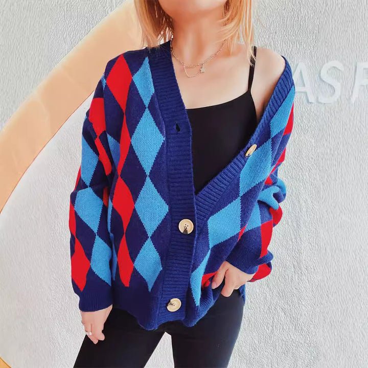 Damer mønstrete cardigan i moderne diamantdesign med store knapper Skjora