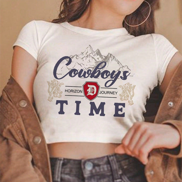 Dame crop-top med kreativt cowboy-motiv og avslappet snitt Skjora