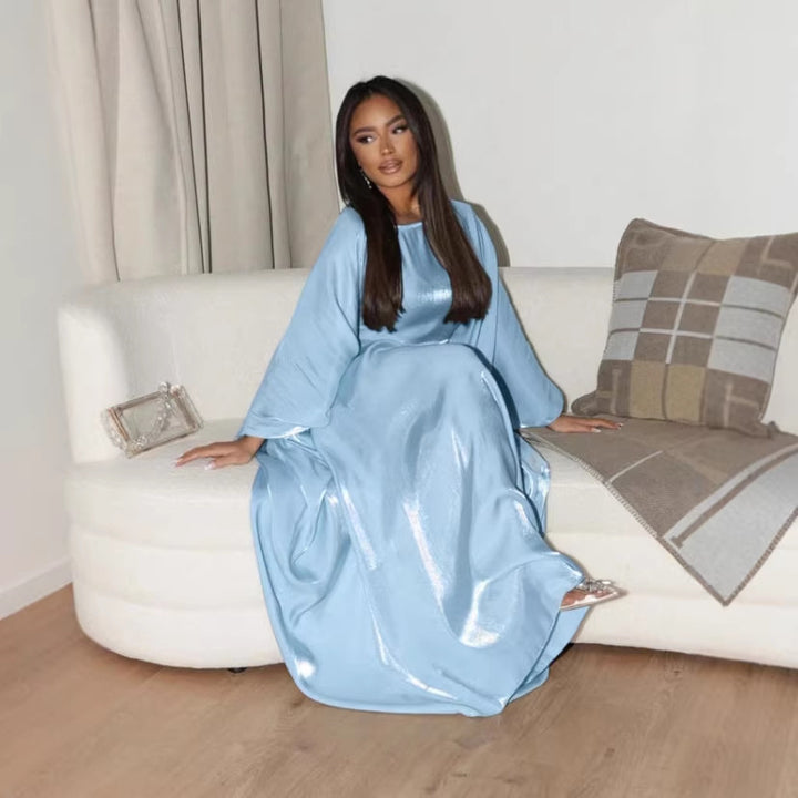Damer Glamorous Satin Maxi Kjole med Bred Belte og Elegante Ermer Skjora