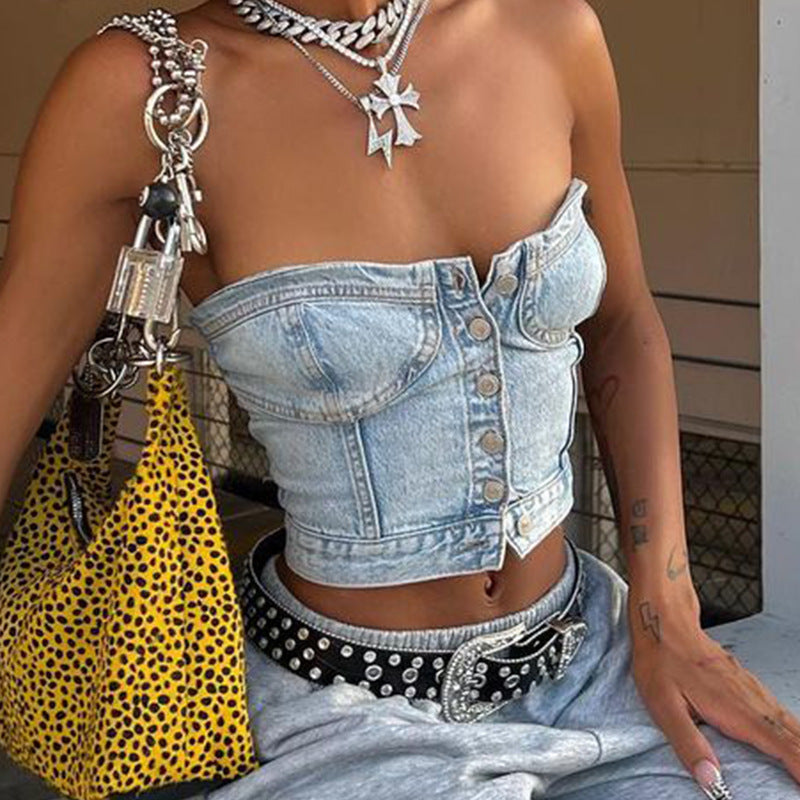 Dame Denim Crop Top med strikket overtrukket Skjora