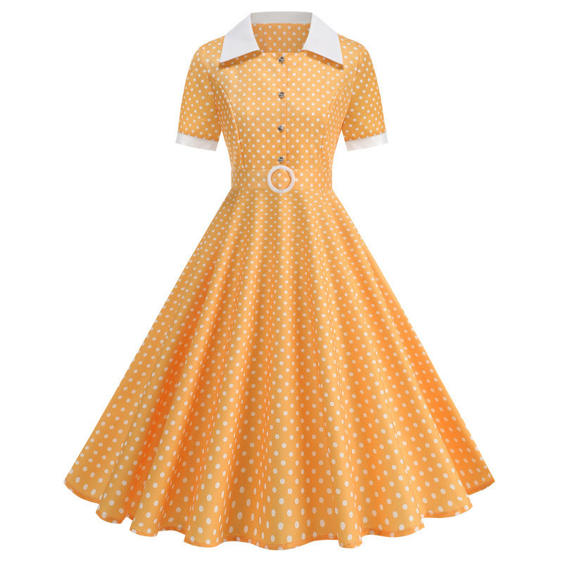Dame Vintage Polka-Dot Kjole med knappdetaljer og svajende skjørt Skjora