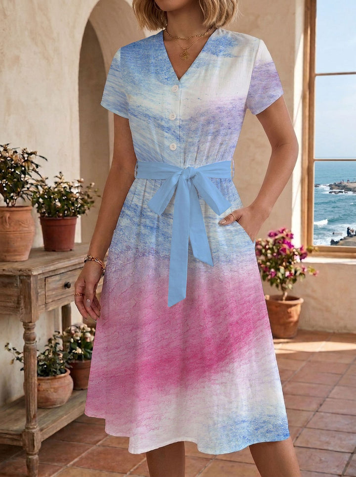 Damen Sommerliches Kleid mit taillierbarem Bindegürtel und floralem Muster Skjora