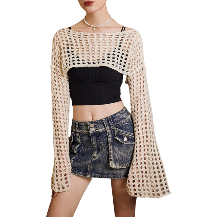 Damer luftig heklet Crop-Top med lange ermer Skjora