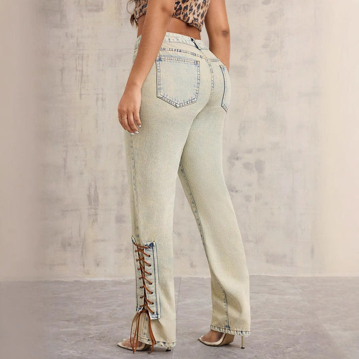 Damen High-Waist Jeans med spennende snøre detaljer Skjora
