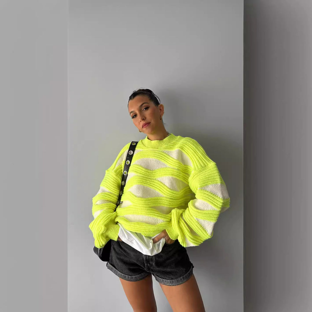 Kvinne Oversized Strikkegenser med Bølgemønster Skjora