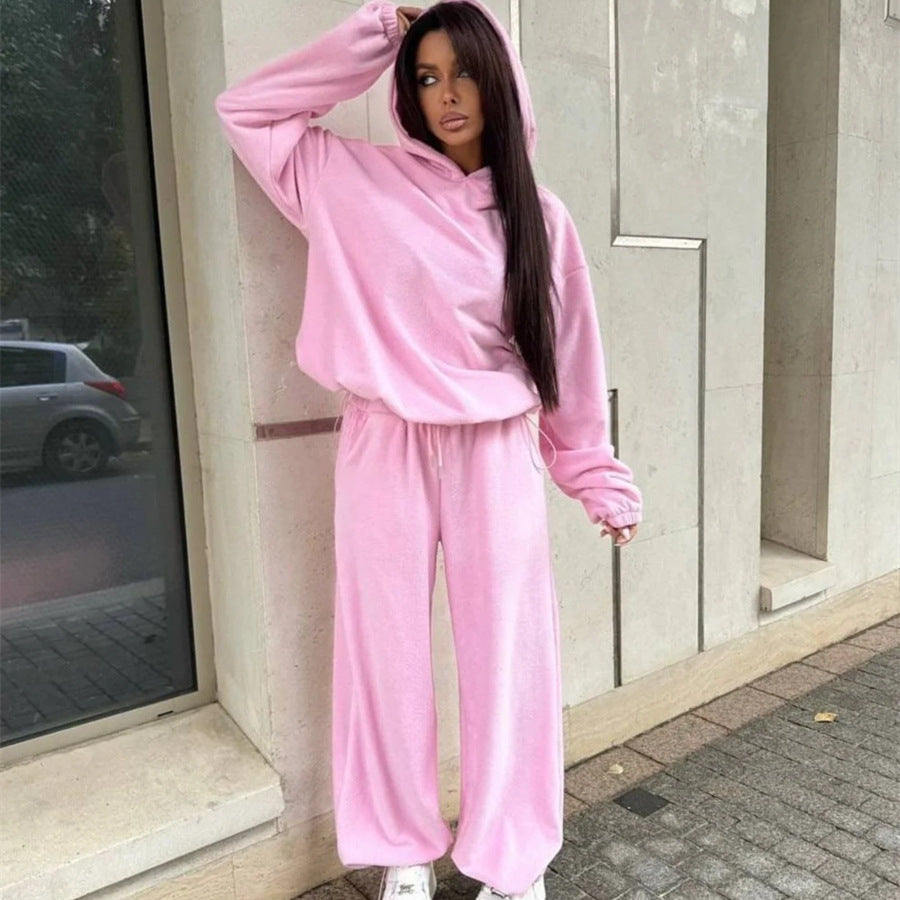 Dame Fleece Lounge Wear Set med hette og løs passform Skjora