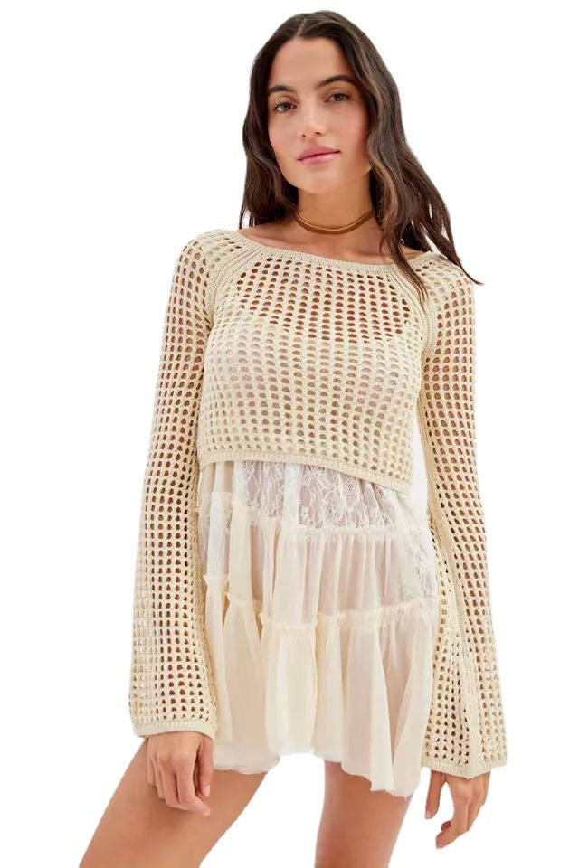 Damer heklet Crop-Top med vide ermer og fargerike striper Skjora