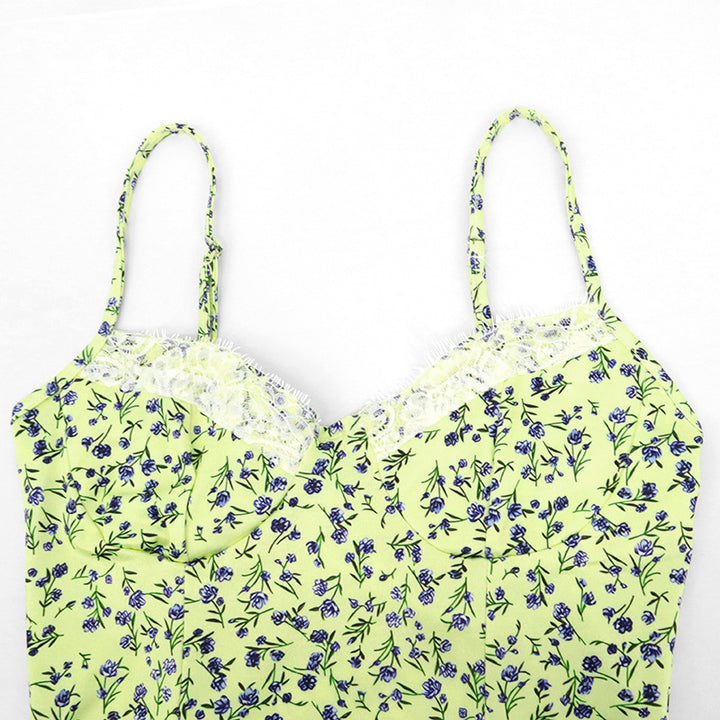 Dame Spagetti-stroppe Bluse med blomsterdesign og spiss Skjora