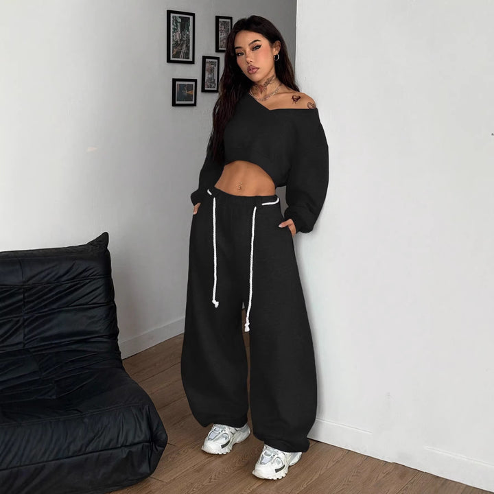 Kvinne casual crop topp og vide bukser sett Skjora