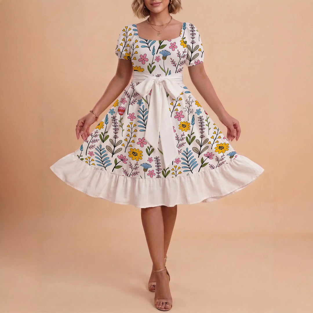 Damen Sommerkleid mit floralem Puffärmel und taillierbarem Gürtel Skjora