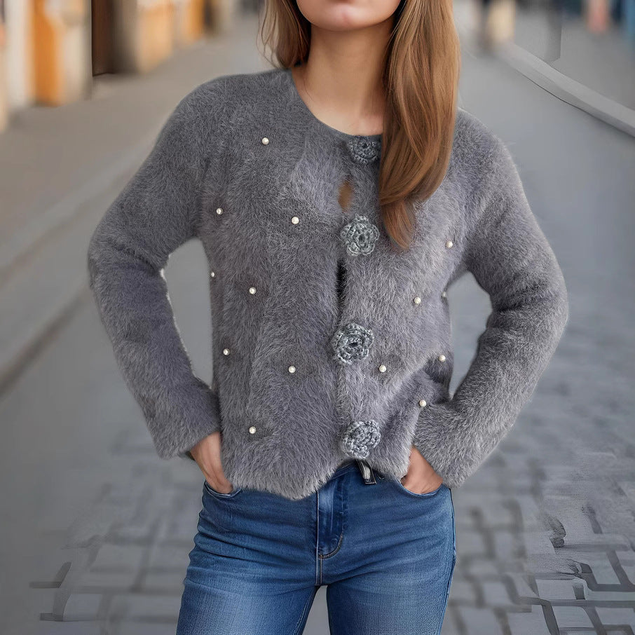 Dame fin cardigan med blomsterapplikasjoner og perleakcenter Skjora