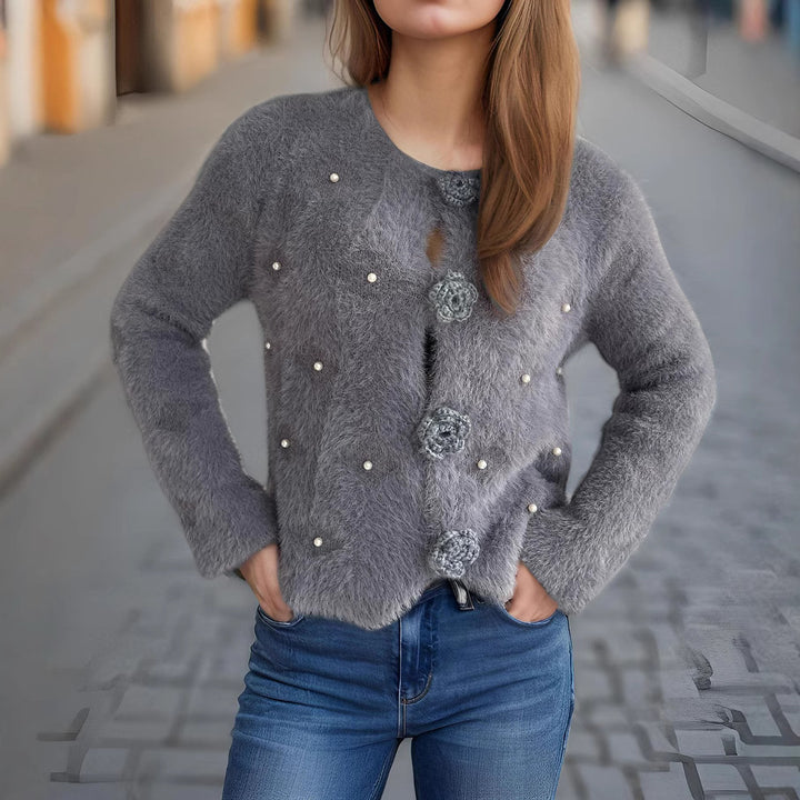 Dame fin cardigan med blomsterapplikasjoner og perleakcenter Skjora