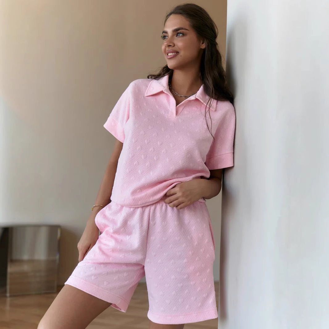 Dame uformell polo skjorte og shorts sett med teksturert materiale