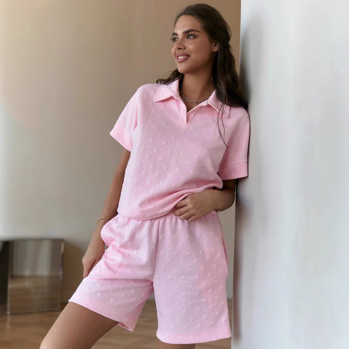 Dame uformell polo skjorte og shorts sett med teksturert materiale