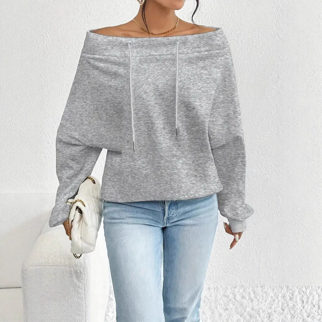 Dame casual oversized genser med åpen krage og praktiske snorene Skjora