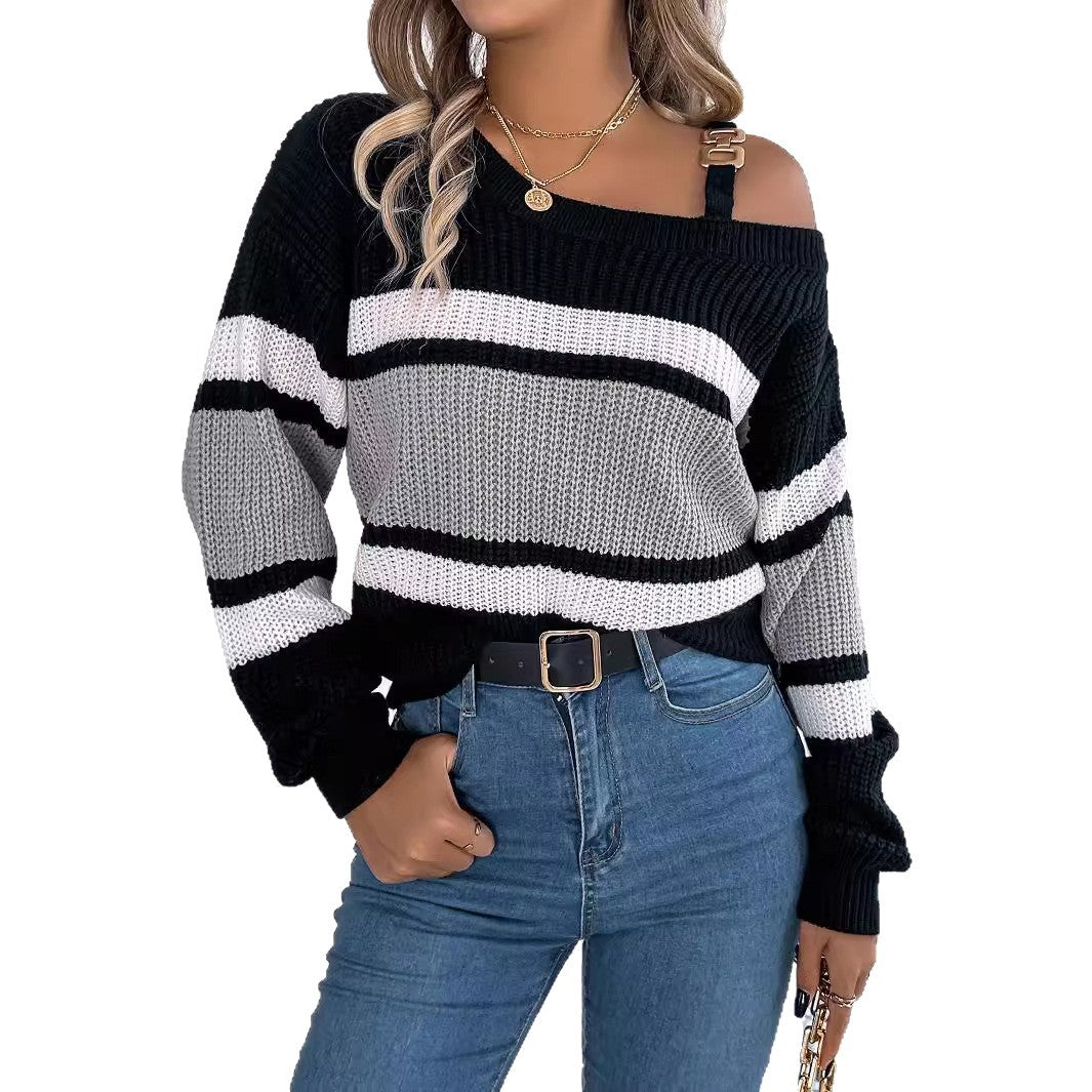 Kvinne Av-Høyre-Sweater med Stripe Detaljer og Trendy Stropp Skjora