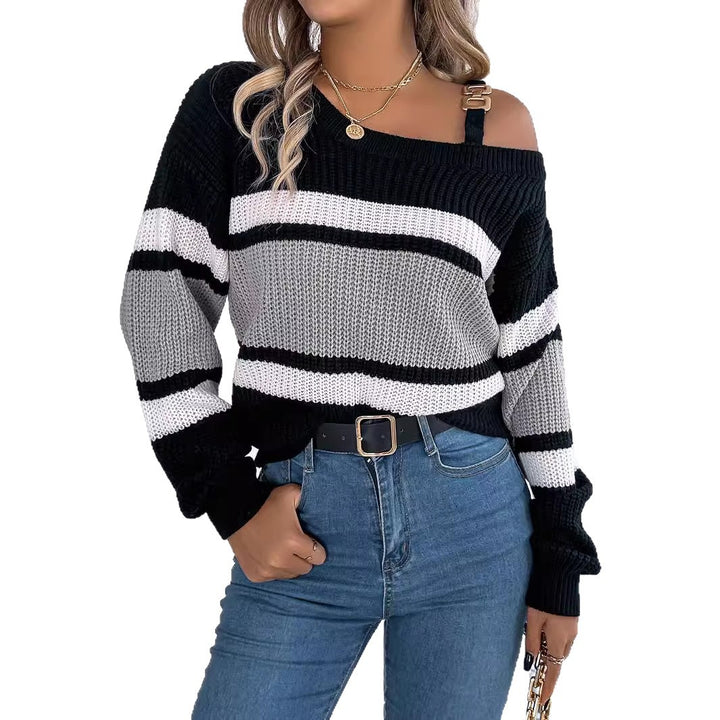 Kvinne Av-Høyre-Sweater med Stripe Detaljer og Trendy Stropp Skjora