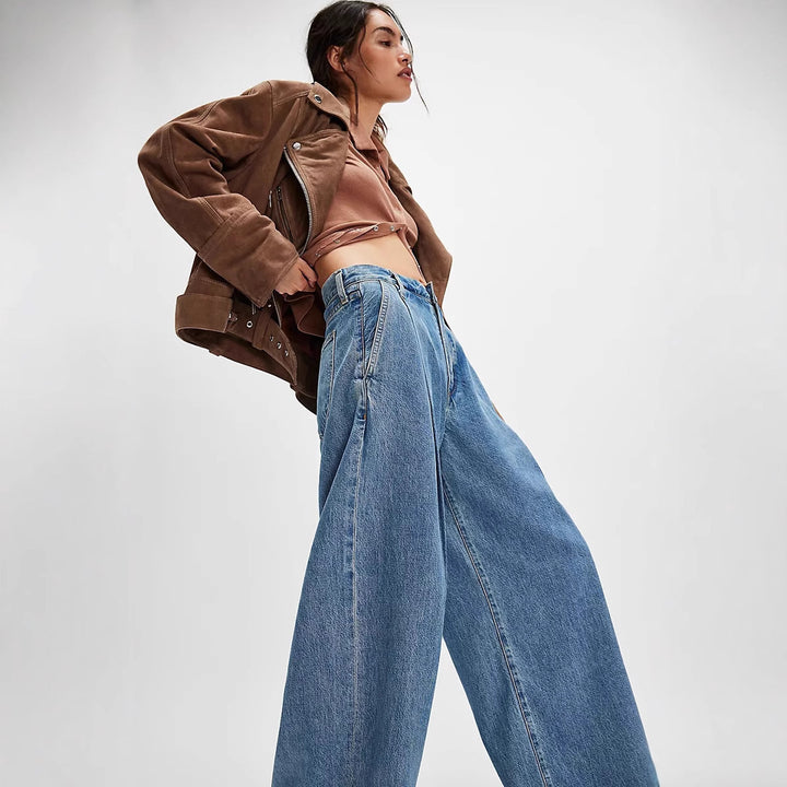 Dame Bredde Denim-Bukser med høy midje og avslappet silhuett Skjora