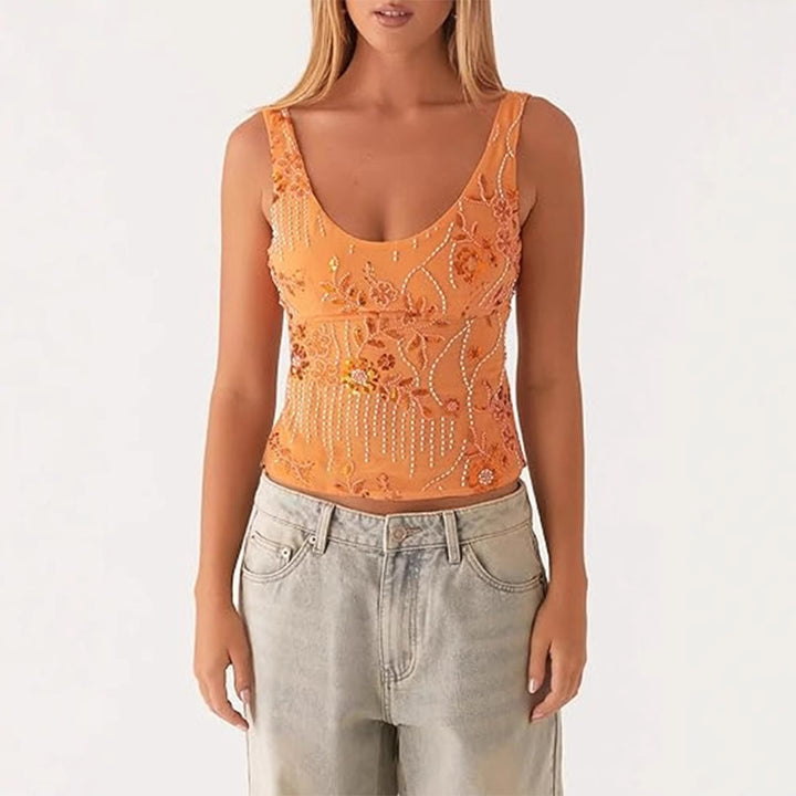 Damescouture topp med blomstret rhinestonesdesign og tettsittende snitt