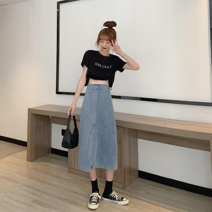 Kvinne jeans midi skjørt med sidesplit Skjora