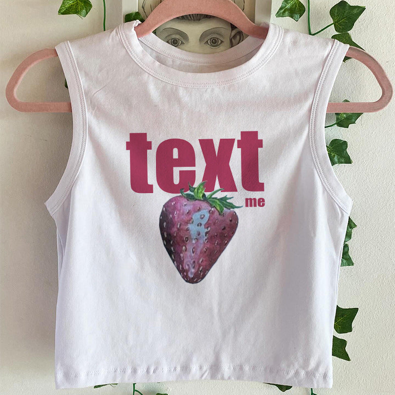 Dame ermeløs tanktop med fruktig jordbærmotiv Skjora