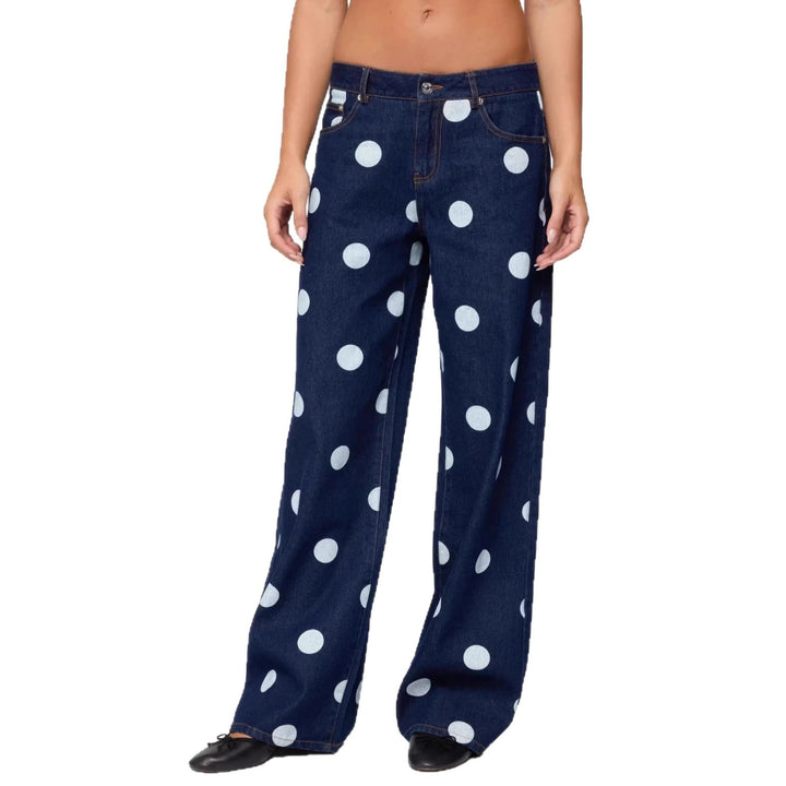 Dame Polka-Dot Denim-set med avslappet snitt og trendy detaljer Skjora