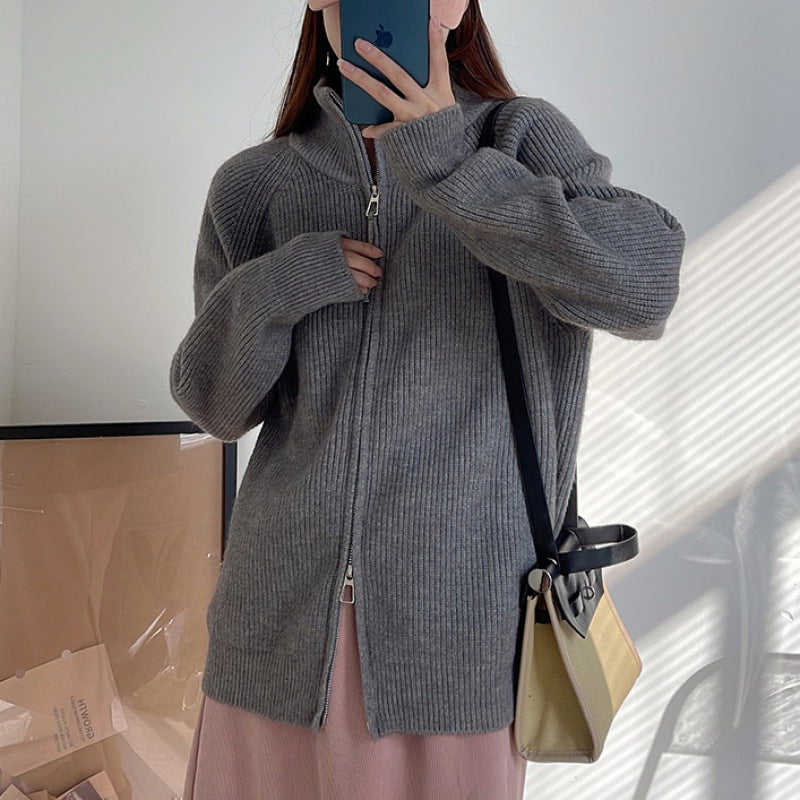 Dame cardigan med stående krage og glidelås Skjora