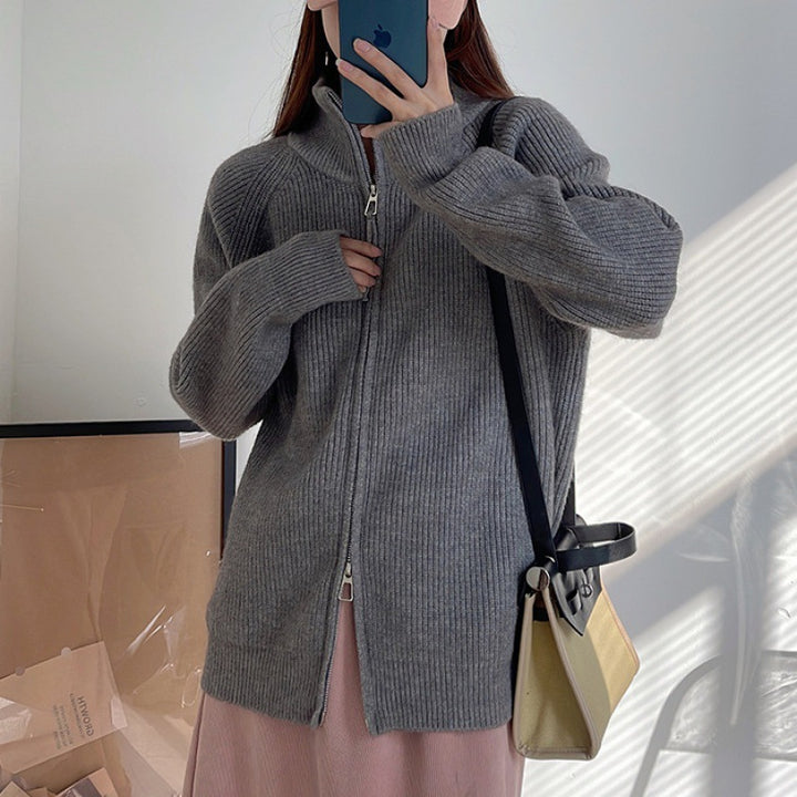 Dame cardigan med stående krage og glidelås Skjora