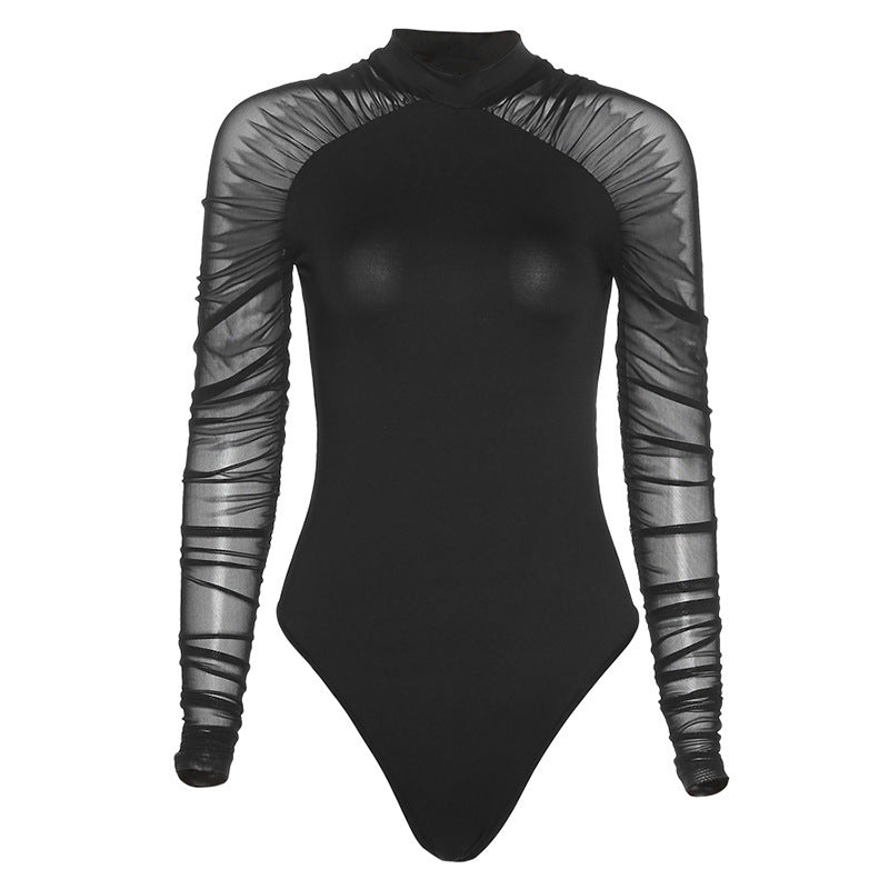 Women's Elegant Bodysuit with Sheer Sleeves and Special Draping Skjora