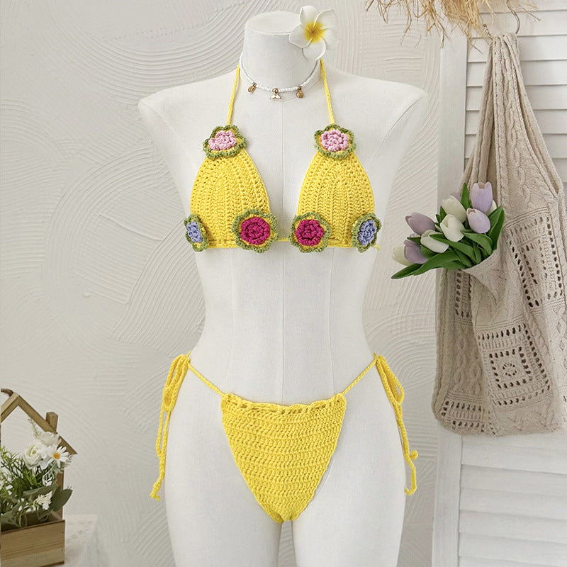 Damen Häkel-Bikini mit verspieltem Blumendesign und verstellbaren Bändern Skjora