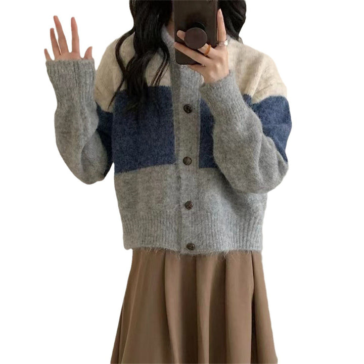 Women's Cozy Knitted Cardigan with Button Closure and Contrasting Color Stripes Skjora
