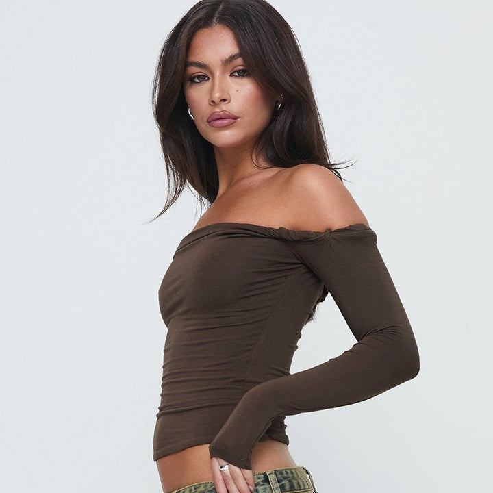 Damer Offshoulder Langerm T-skjorte med elegante Draperinger Skjora
