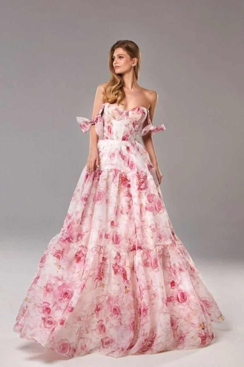 Damer Elegant Maxi Kjole med Blomsterdetaljer og Rynkede Stropper Skjora