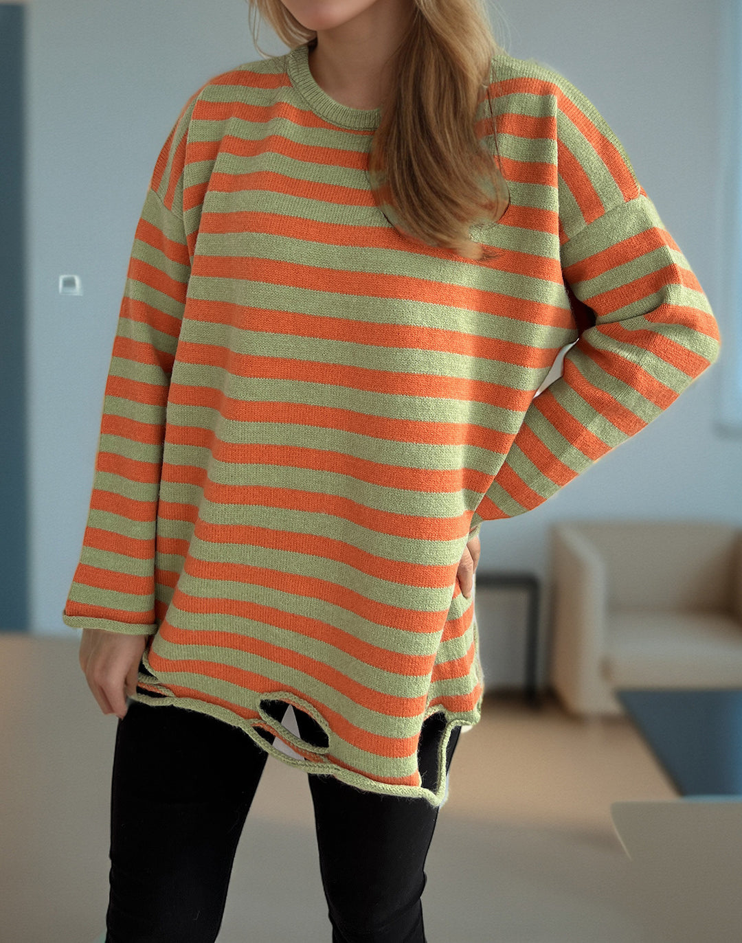 Dame strikket oversized genser med avslappet stripemønster Skjora
