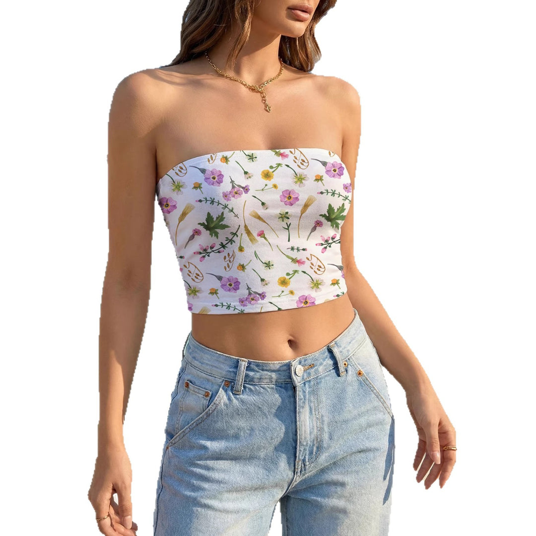 Dame Bandeau-top med blomsterdesign og elastisk stoff Skjora
