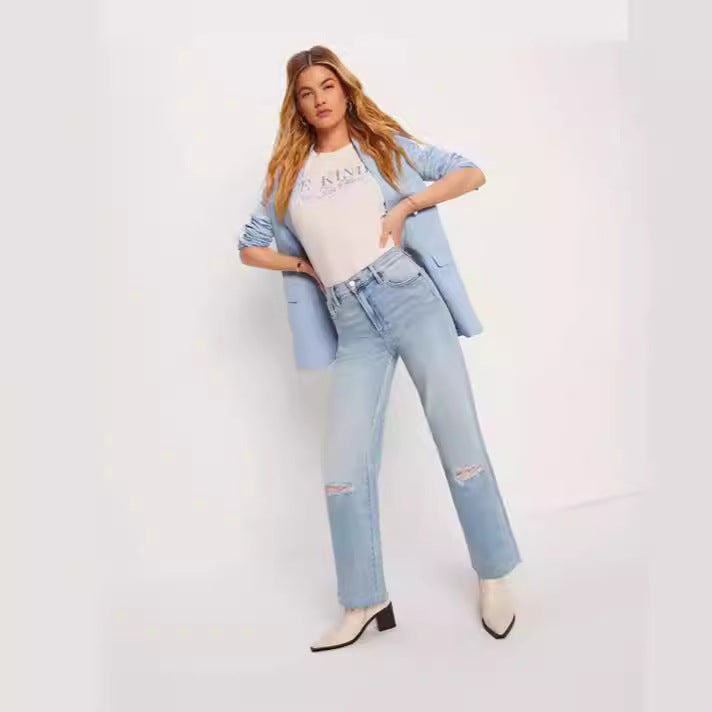 Dame Høyhånd Jeans med frynset søm og trendy hulldetaljer Skjora