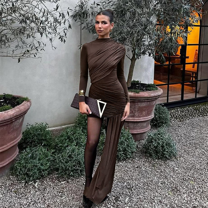 Kvinne elegant omslagkjole med asymmetrisk snitt og lange ermer Skjora