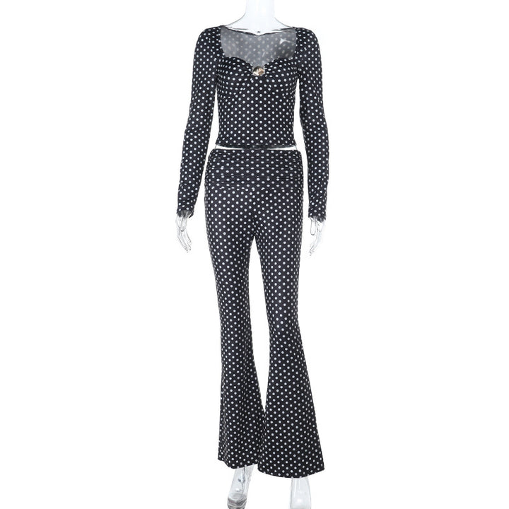 Damer figurnær jumpsuit med lange ermer og prikkete mønster Skjora