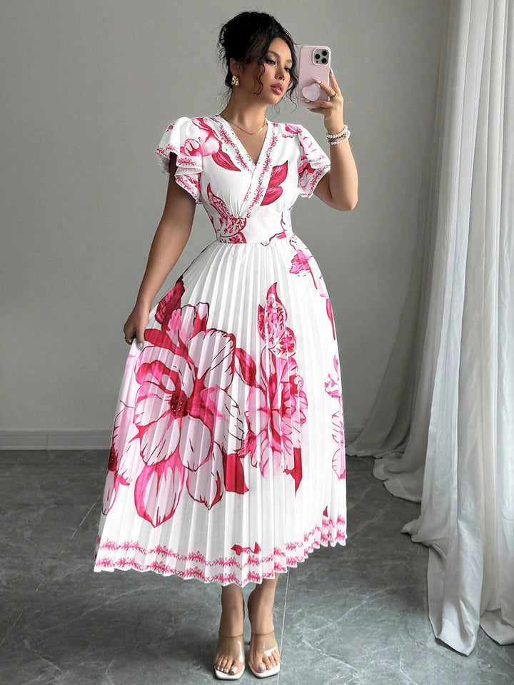 Damer Plisse Maxi Jersey Kjole med blomsterdetaljer og V-utsnitt Skjora