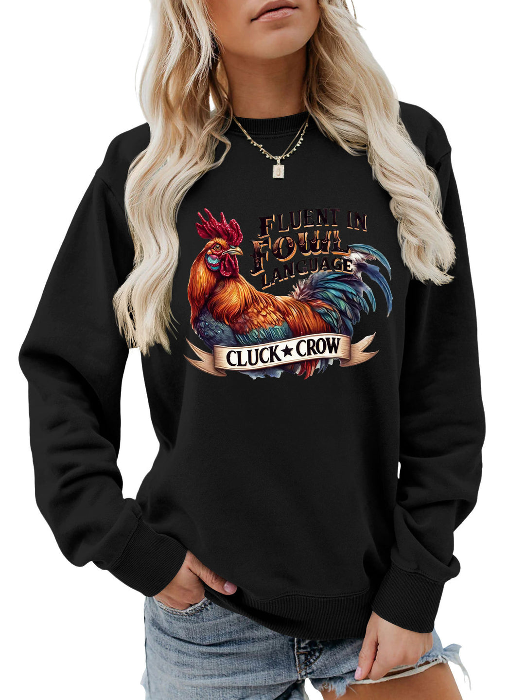 Dame sweatshirt med humoristisk kyllingmotiv og behagelig passform Skjora