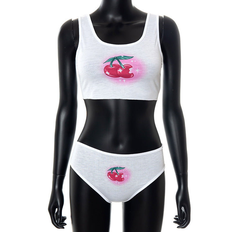 Dame Crop-Top og undertøysett med munter kirsebærmotiv Skjora