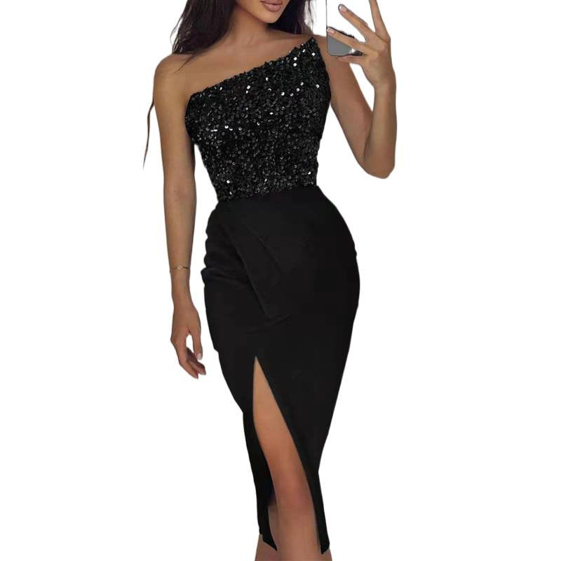 Kvinner Glamorøst Kveldsbrudd med asymmetrisk U-utskjæring og skimrende overdel Skjora