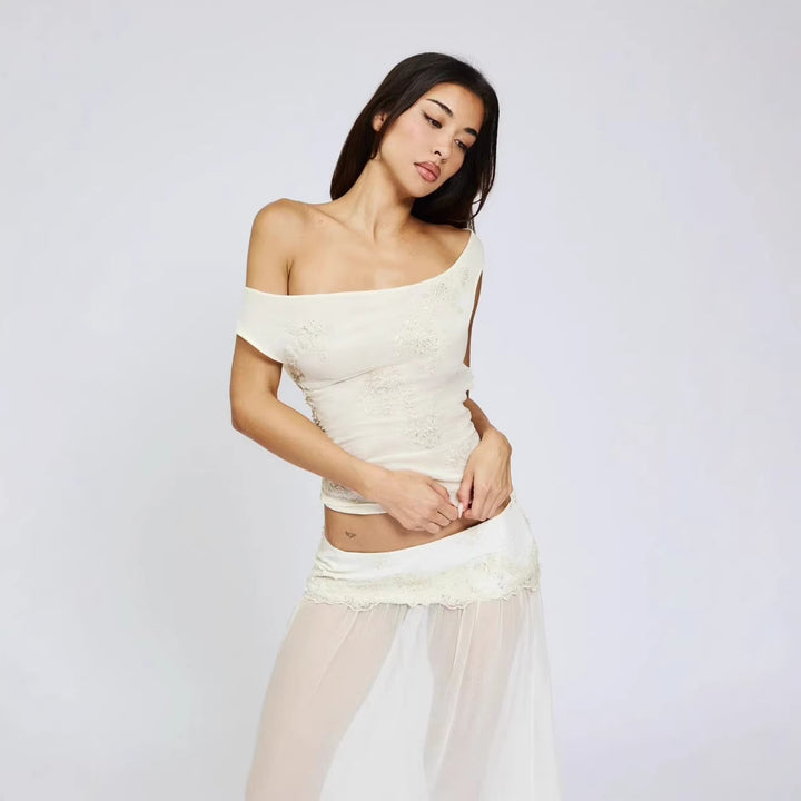 Damen durchsichtiger Spitzenrock mit elastischem Bund und floralem Detail Skjora
