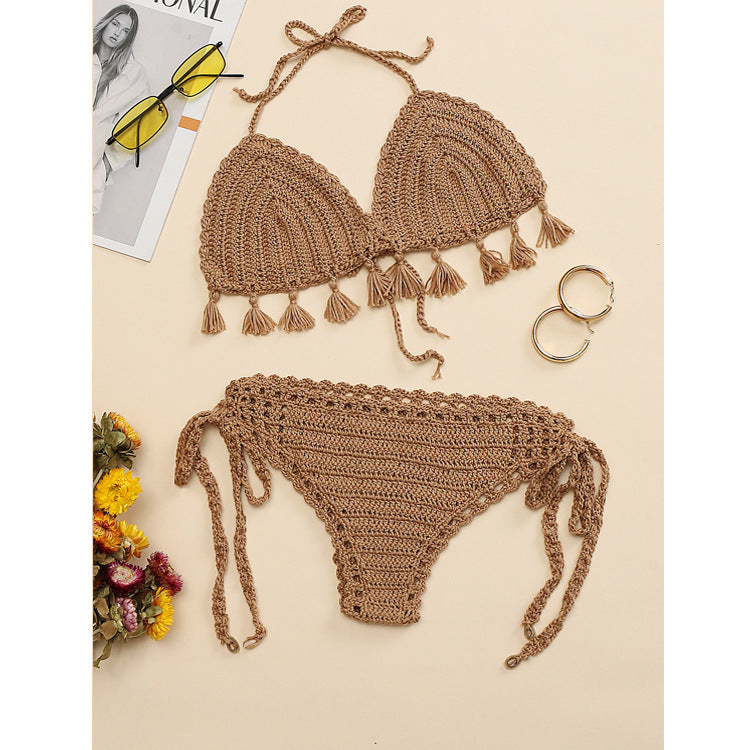 Damen Häkel-Bikini-Set mit fransigen Akzenten und verstellbaren Trägern Skjora