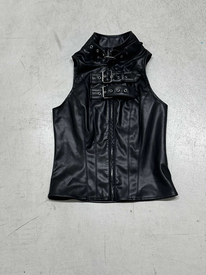 Dame Künstleder-Crop-Top med dekorative spenn og høyt lukket krage Skjora