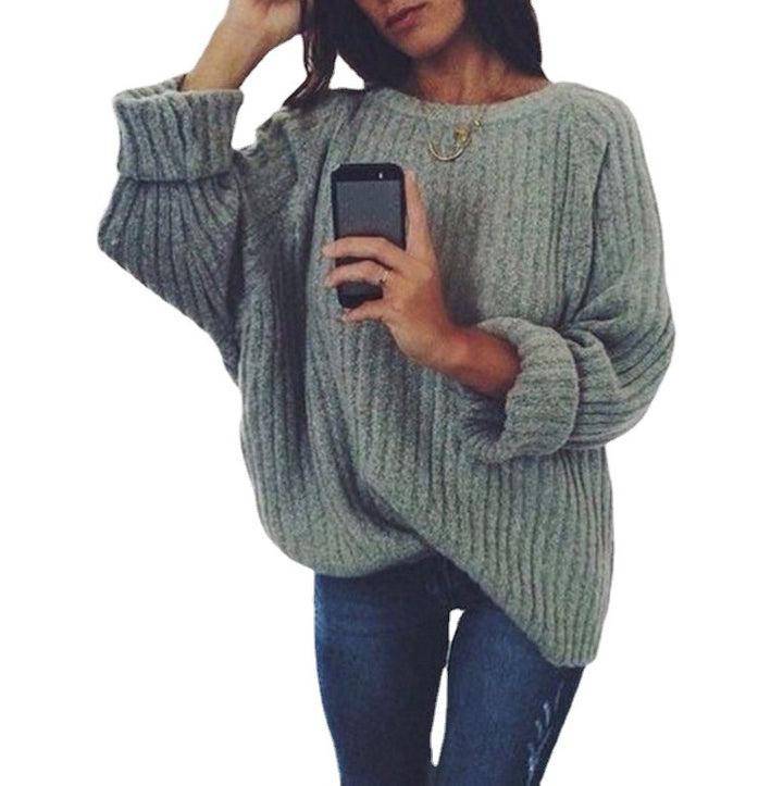 Dames Oversized Strikket Genser med Ribbstruktur og Bred Ermer Skjora
