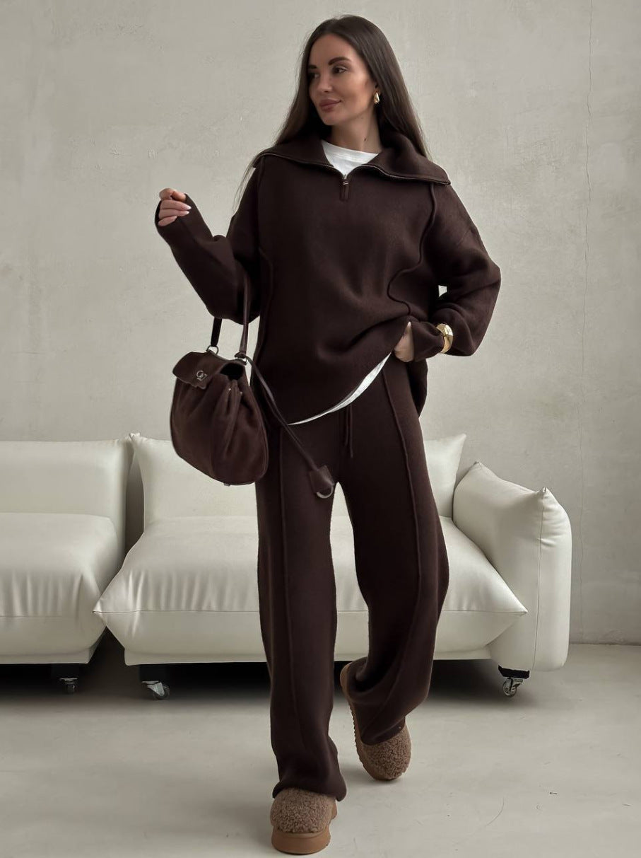 Damer Casual Sweatshirt og Joggebukse Sett med Glidelås og Komfortabel Liv Skjora