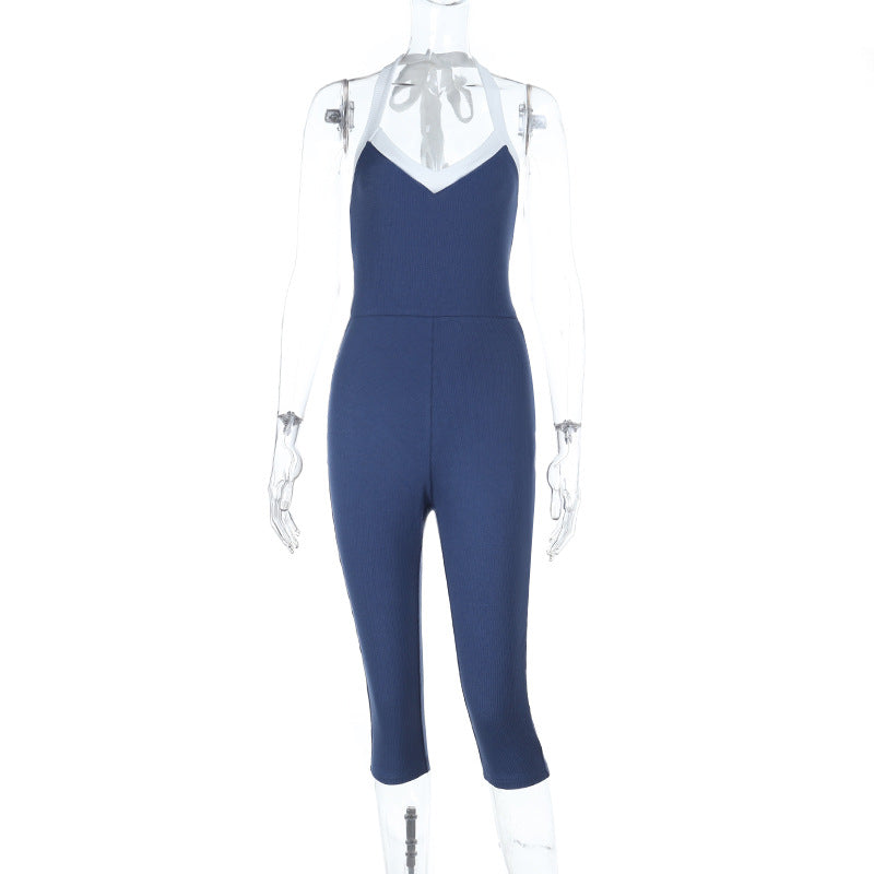 Damer elegant, figurklemende jumpsuit med V-hals og raffinert snøring Skjora