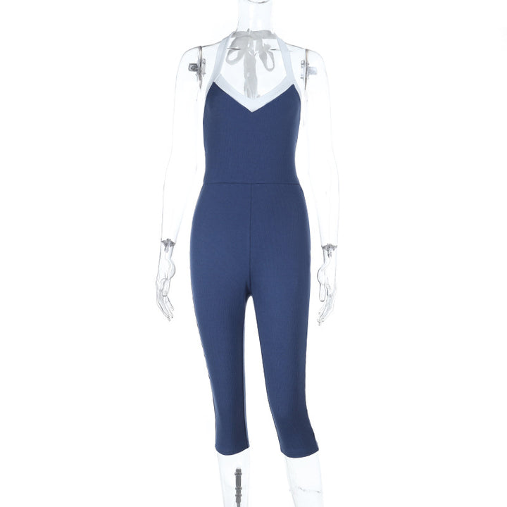 Damer elegant, figurklemende jumpsuit med V-hals og raffinert snøring Skjora