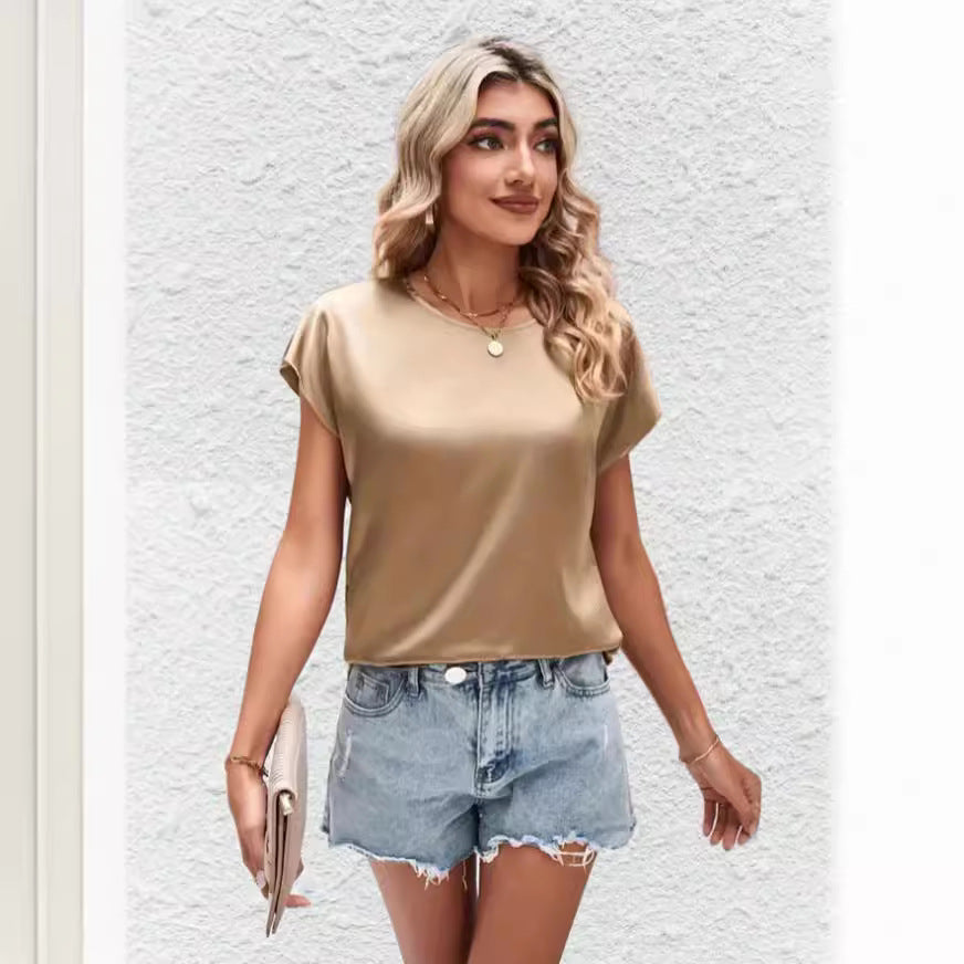 Damer Elegant Satin topp med avslappet snitt og korte ermer Skjora